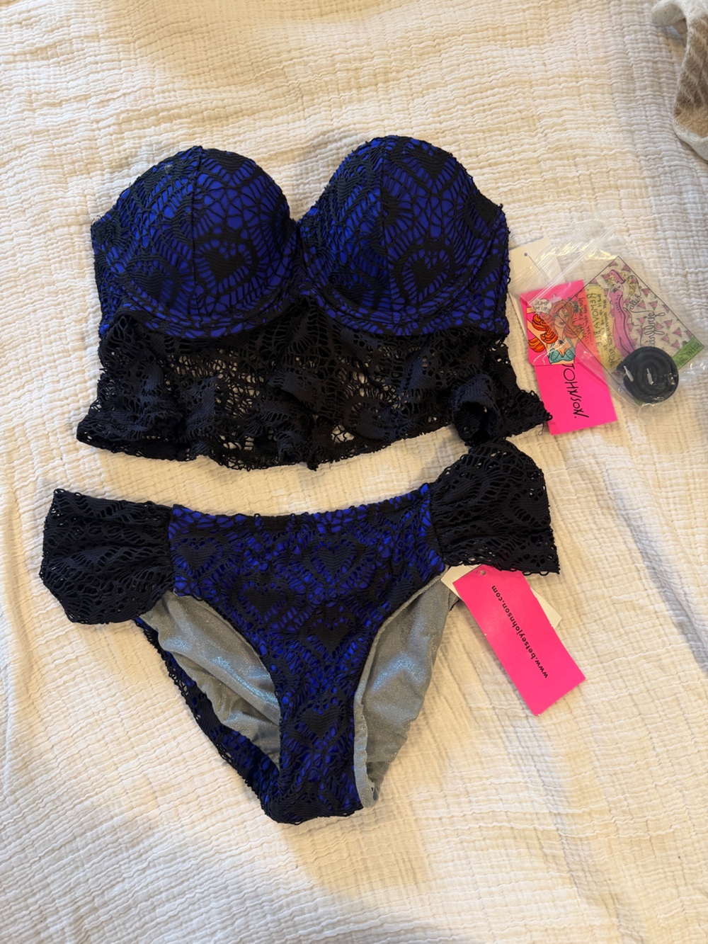 Betsey Johnson Blue and Black Lace Bandeau Bikini 2 Piece Set